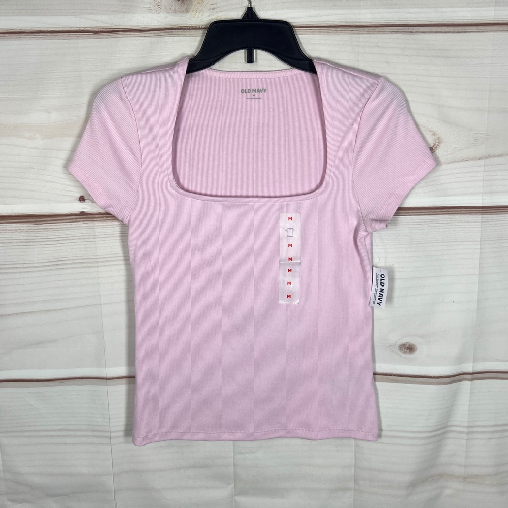 Old Navy Square Neck Ribbed T-Shirt Women Medium Pink Solid Short Sleeve Cropped